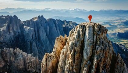 A rocky mountain peak with a map marker icon on top
