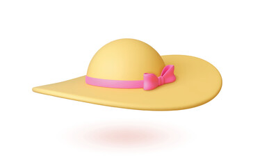Female summer 3d hat. Beach vacation lady head accessory. Isolated travel outfit element, sunstroke safety fashion detail. Realistic render vector image