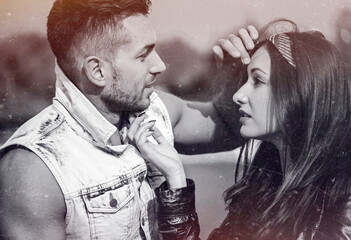 Romantic young couple in 90s style vintage film look
