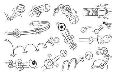 Comic bounces balls. Ball rebounds, soccer rugby baseball volleyball ice hockey tennis and golf. Cartoon flyby effects with lines and clouds, neoteric vector set