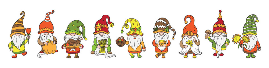 Doodle gnomes. Hand drawn garden dwarf with autumn decor. Scandinavian style gnome hold pumpkin mushroom harvest basket, neoteric vector set