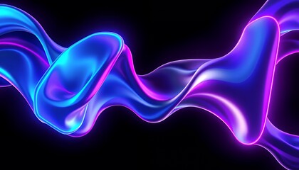 3D Neon Bio Tech Illustration Featuring Swirling Fluid Form with Blue and Pink Lights on Black Background for Modern Futuristic Design and Decoration