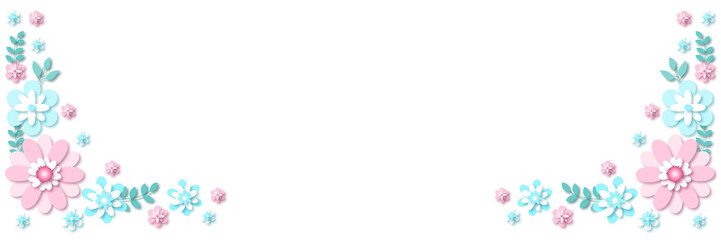 paper cut out style pastel blue and pink flowers banner with copy space. Blank frame with floral arranged in corners.