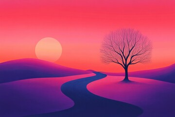 Pink sunset with bare tree