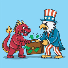 Vector illustration of China and America trade war. China is symbolized by Dragon and America Eagle is fighting over money suitcase.
