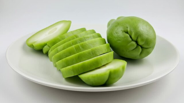 Slicing Chayote Squash on White Plate Close Up