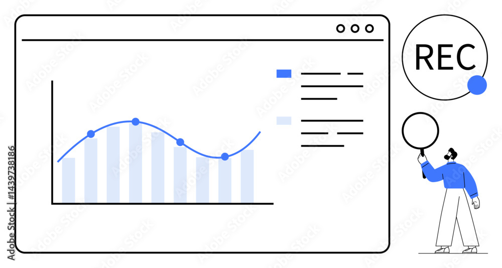 Poster graph with points and bars, checklist interface, figure pointing at speech bubble. ideal for analyti