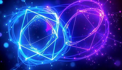 Fototapeta premium 3d Neon Biotech Illustration Featuring Glowing Blue Cube and Purple Sphere Intertwined by Swirling Lines and Scattered Dots Set Against a Dark Backdrop for Science and Technology Art