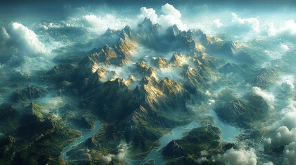 Aerial view of misty mountain range, serene lakes, and cloudscape; fantasy game background