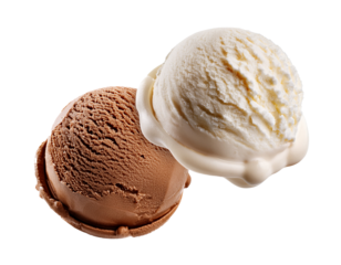 Two Floating and Flying Scoops of Chocolate and Vanilla  Ice Cream