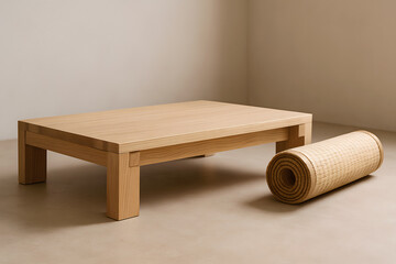 minimalist japanese tatami platform with rolled mat on beige floor
