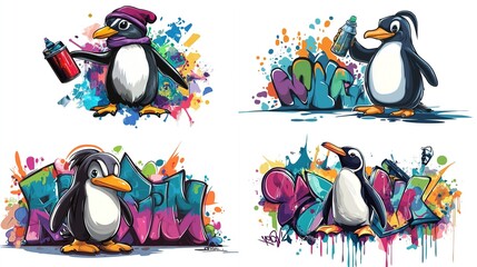 Four cute penguins spraying graffiti art.