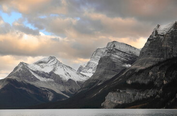 Snowy peaks overlooking Maligne Lake southeast sector (L-R): Julian 2760m, Mary Vaux 3201m,...