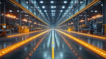 Fototapeta premium Factory Automation Line, Industrial, Robotic, Manufacturing, Production, Technology, Future, Efficiency, Innovation, Bright, Long, Perspective, Floor