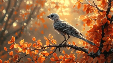 White bird autumn forest sunrise nature art print