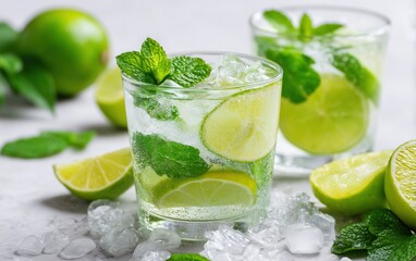 Fototapeta premium Summer Tropical Refreshment: Vibrant Mojito with Lime and Mint on White Background