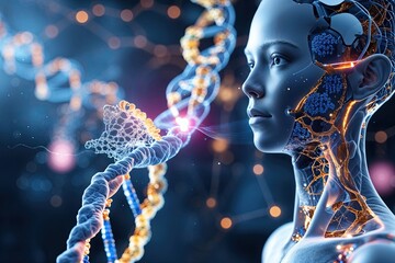 Naklejka premium Realistic Rendering of a Custom-Made Genetic Blueprint Interacting with a Computational System for Innovative DNA Blending and Enhanced Capabilities