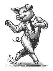 cheerful pig joyfully dancing on its hind legs, drawn in an engraved, woodcut style with fine details sketch engraving generative ai raster illustration. Scratch board imitation. Black and white image
