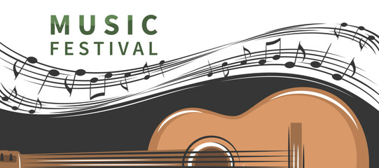 Music festival. Banner with guitar and sheet music. Vector illustration for music events, invitation cover, advertising.
