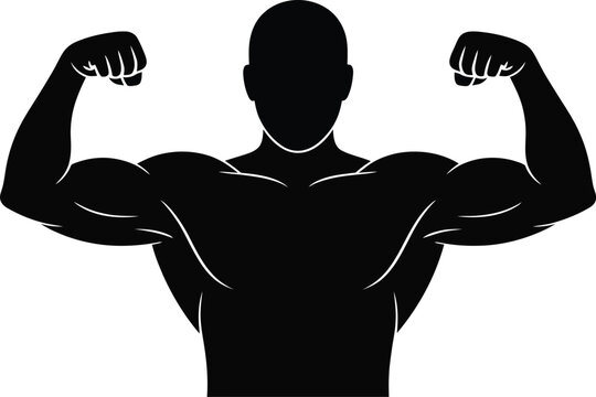 Strong muscular man silhouette flexing biceps black and white bodybuilder displaying muscular arms and physique vector illustration