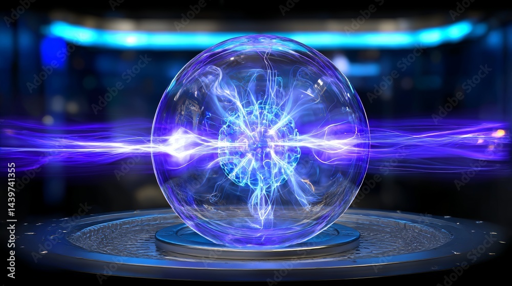 Poster floating sphere illustrating dynamic plasma density changes in a futuristic science lab environment