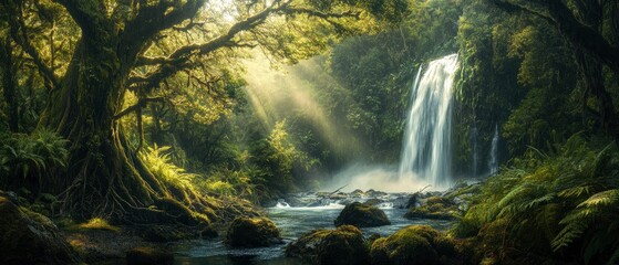 A breathtaking view of the lush rainforests of Fiordland, New Zealand, with towering ancient trees