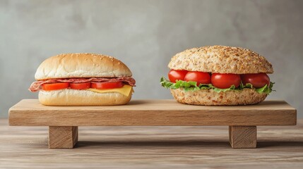 Balanced Comparison of Two Distinct Sandwiches on a Wooden Platter