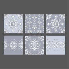 Set of seamless patterns. Mandala with hearts and candles. Blue jean color, pale yellow and white. Pastel colors. Vector.	