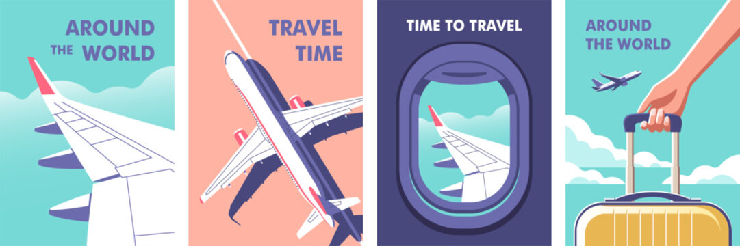 View through the porthole of aircraft. Passenger plane parked on the runway. Woman holding a suitcase in her hand close-up. Perfect vetor background on the theme of season vacation, weekend, travel.