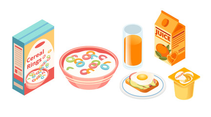 Collection of breakfast, isometric. Colorful cereal box. Bowl with fruit loops. Fried egg on toast. Orange juice glass. Yogurt container. Breakfast food set. Vector illustration isolated on white