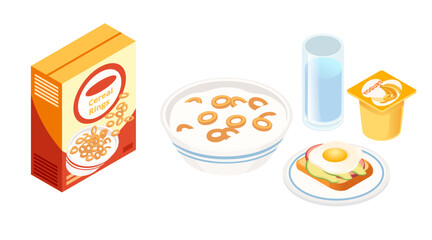 Collection of breakfast food. Cereal box with branding. Bowl with cereal loops. Glass of water. Fried egg on toast. Yogurt container. Morning food. Vector illustration isolated on white background