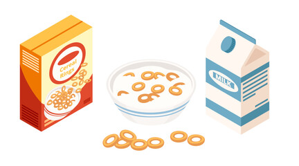 Isometric set of cereal products. Branded cereal box. Bowl with cereal rings. Milk carton. Breakfast food collection. Simple healthy breakfast. Vector illustration isolated on white background