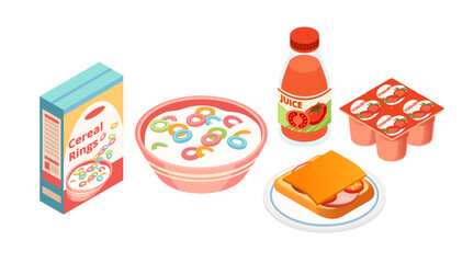 Collection of breakfast items. Light blue cereal box. Bowl with colorful cereal. Toast on plate. Red strawberry yogurt containers. Tomato juice bottle. Vector illustration isolated on white