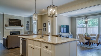 Kitchen island, open-plan home, luxury interior, family room, dining area