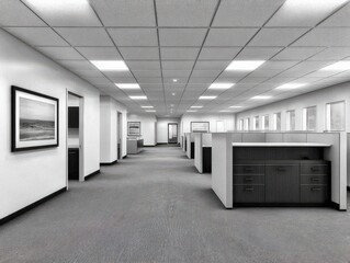 Obraz premium Bright modern office workspace with grey carpet flooring cubicle style layout clean lines open organized contemporary corporate environment focusing on structured professional working area
