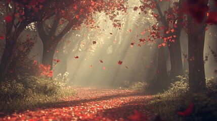 Autumn path, red leaves falling, misty forest