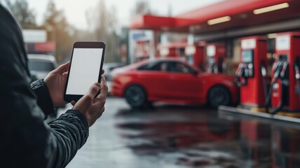 Man Using Mobile App at Gas Station with Red Car mobile app gas station red car convenience fuel day