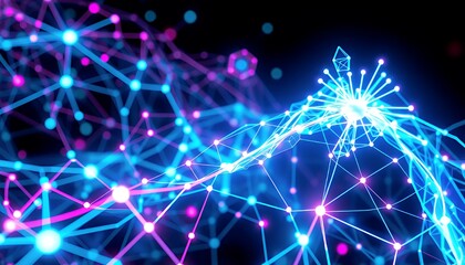 Abstract 3D Neon Biotech Network Illustration on Dark Background Featuring Interconnected Glowing Nodes and Lines in Blue and Pink Perfect for Technological and Scientific Visualization