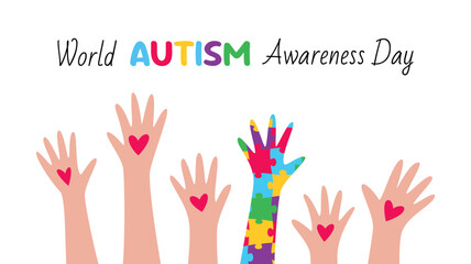 World Autism Awareness Day horizontal banner with lots of hands and one hand with puzzle pattern. Vector illustration of event web banner design