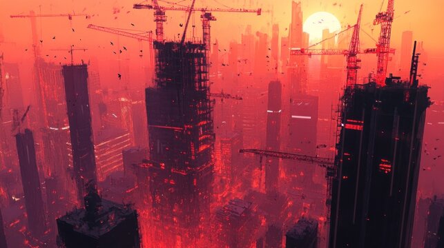 Red Cityscape Sunset Construction