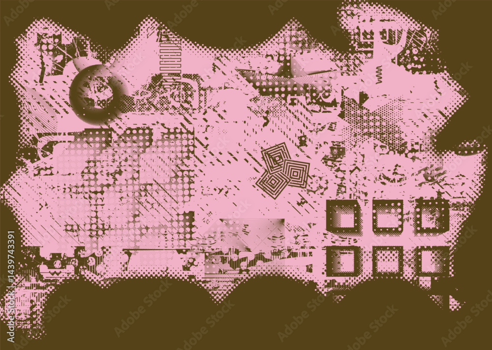 Poster Background with glitch distorted grunge textures . grunge background texture with halftone dots, glitched shapes, textures and lines .Screen print vector background with grunge textured surface.