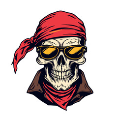 Vsai smiling skull wearing sunglasses, bandana and brown jacket