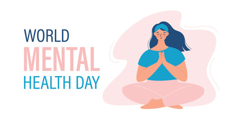 Obraz premium World Mental Health Day horizontal banner with a girl meditating in a lotus pose. Vector illustration of event web banner design
