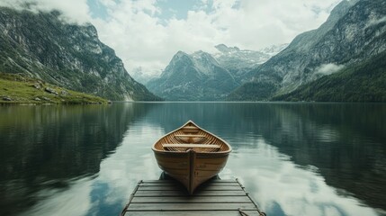 Obraz premium Wooden boat lake dock mountain calm serenity