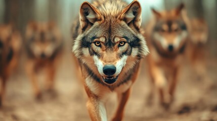 Obraz premium A wolf pack moving as one in a dense forest