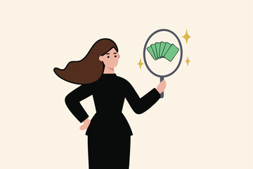 Self worth or self esteem, confident or attitude to see value in yourself, motivation or positive thinking concept, confidence businesswoman look at her reflection in the mirror to see money banknotes