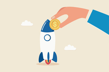 Funding startup company or venture capital investment, cost or budget to new business, pay for project launch concept, businessman hand investor put money coin into innovative rocket to launch company