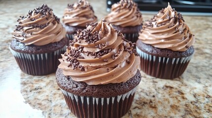 Delicious chocolate cupcakes with creamy brown frosting sprinkles food rich sweet baked treat sugar