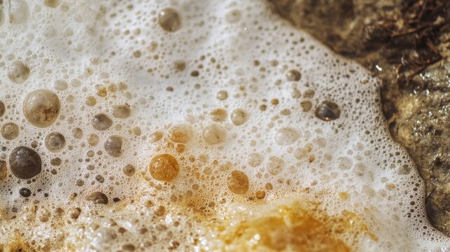 A haunting close-up of a foamy, thick, polluted residue washed up on a riverbank
