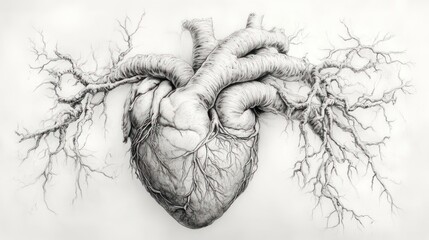Rooted Heart, Pencil Sketch, White Background, Medical Illustration